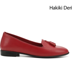 Kadın Kırmızı B Hakiki Deri Püsküllü Babet