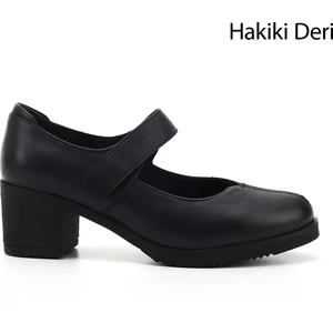 Kadın Antik Lacivert  Kalın Topuklu Mary Jane Hakiki Deri Ayakkabı