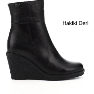 Kadın Siyah Fermuarlı Dolgu Topuklu Hakiki Deri Bot