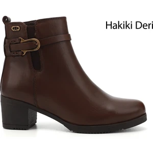 Kadın Kahve Fermuarlı Kalın Topuklu Hakiki Deri Bot