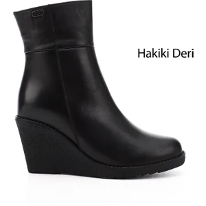 Kadın Siyah Fermuarlı Dolgu Topuklu Hakiki Deri Bot