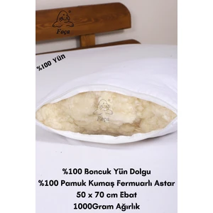 %100 Doğal Merinos Kuzu Yünü Dolgulu Kokusuz Yıkanabilir Yumuşak Yün Yastık (50 x 70 cm Ebat / 1000 Gram)