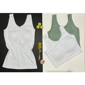 Kadın Atlet Sütyenli V Yaka Modal 1 Adet Yeşil 1 Adet Beyaz Renk Pedli Atlet-Bluz-T-Shirt (Kota)