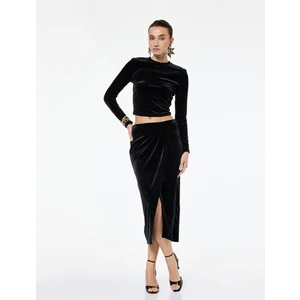 Slim Fit Drapeli Yırtmaçlı Kruvaze Midi Kadife Etek