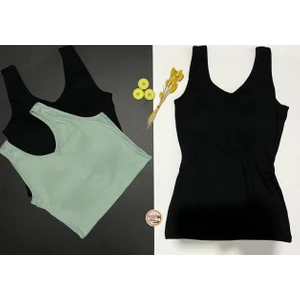 Kadın Atlet Sütyenli V Yaka Modal 3 Adet Siyah Renk Pedli Atlet-Bluz-T-Shirt (Kota)