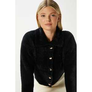 Kadın Date Yumuşak Sakallı Kalp Düğmeli Polo Yaka Siyah Triko Hırka