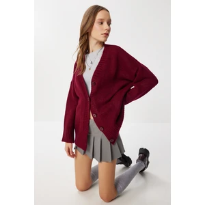 Happiness İstanbul Oversize Düz Örgü Triko Hırka LNF0027 Bordo