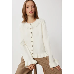 Happiness İstanbul Fırfırlı Işlemeli Yaka Triko Hırka LKİ0049 Ekru