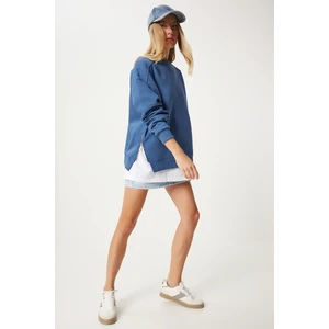 Happiness İstanbul Fermuar Detaylı Şardonlu Sweatshirt LUB0003 Indigo Mavi