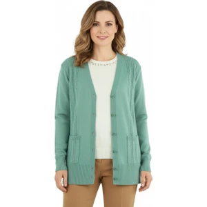 Kadın Kışlık Örgü Desenli Düğmeli Çift Cepli Uzun Kollu Normal Kesim Likralı Kardelen Dokuma Anne Hırka