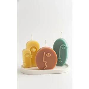 Renkli Soyut Yüz Figürlü 3’lü El Yapımı Kokulu Dekoratif Mum Seti (Tabak Dahil)