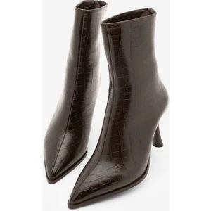 Kadın Topuklu Bot Sivri Burun Kadeh Ökçe Arkadan Fermuarlı Günlük Klasik Bot Monos Kahve Croco