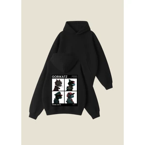 Catgang Baskılı Siyah Unisex Boxy Fit Hoodie Sweatshirt