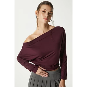 Kadın Grace Asimetrik Omuz Detay Mürdüm Bluz