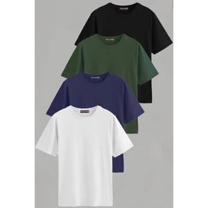 Erkek Beyaz-Siyah-Laci-Yeşil Slim Fit Bisiklet Yaka Pamuk Elastan 4'lü Basic Tişört