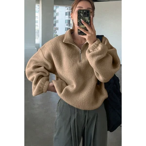 Ghassy Co. Kadın Ultra Isı Peluş Sherpa Oversize Yarım Metal Fermuar Lastik Ayarlı Polar Sweatshirt
