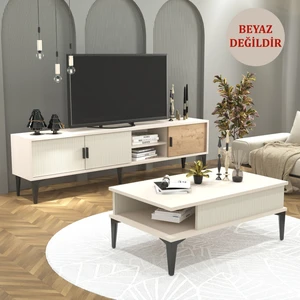 Cool Home Marin Tv Ünitesi 180 cm - Orta Sehpa Seti Çizgi Desenli , Raflı , Sis Gri