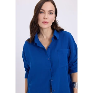 Kadın Oversize Geniş Kesim %100 Pamuk Müslin Kumaş Uzun Kollu Cepli Dokulu Saks Mavi Gömlek