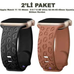 Apple Watch 11 10 46MM 9 8 7 6 Se Ultra Uyumlu 42-44-45-49MM Leopar Desenli 2'li Silikon Kordon Seti