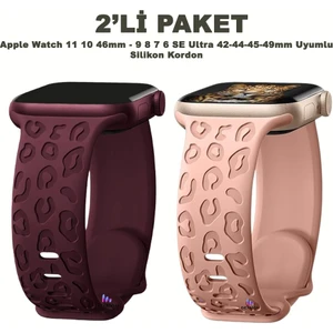 Apple Watch 11 10 46MM 9 8 7 6 Se Ultra Uyumlu 42-44-45-49MM Leopar Desenli 2'li Silikon Kordon Seti