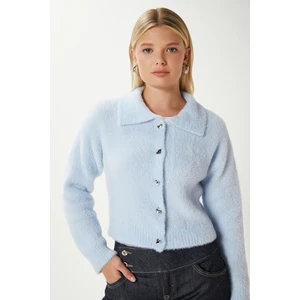 Kadın Date Yumuşak Sakallı Kalp Düğmeli Polo Yaka Bebe Mavi Triko Hırka