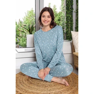Kadın Renkli Puantiye Desen Uzun Kol Pijama Takımı 240929 MAVI01