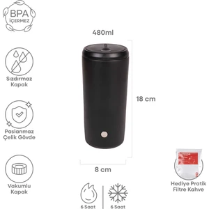 Siyah Mat Dokulu Paslanmaz Çelik Termos 450 ml Kapaklı No:93