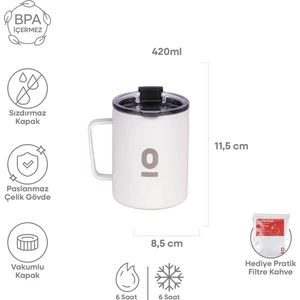 Paslanmaz Çelik Beyaz Metal Kupa 420 ml Vakum Kapaklı Isı Yalıtımlı No:90