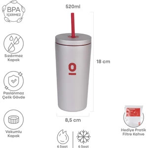 Gri Metal Paslanmaz Çelik Pipetli Termos 520 ml Kapaklı No:94