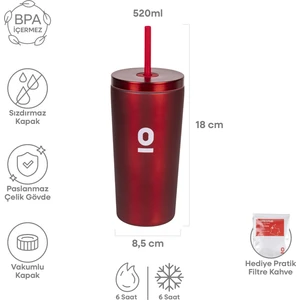 Kırmızı Metal Paslanmaz Çelik Pipetli Termos 500 ml Kapaklı No:95