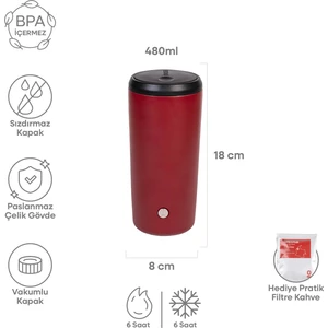 Kırmızı Mat Dokulu Paslanmaz Çelik Termos 480 ml Kapaklı No:92