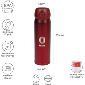 Kırmızı Dokulu Paslanmaz Çelik Termos 400 ml Kapaklı NO:105