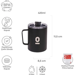 Paslanmaz Çelik Siyah Metal Kupa 420 ml Vakum Kapaklı Isı Yalıtımlı No:91