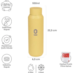 Sarı Mat Dokulu Paslanmaz Çelik Matara 550 ml Kapaklı NO:103