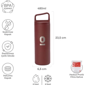 Paslanmaz Çelik Tutacaklı Bordo Uzun Termos 480 ml No:51