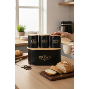 Bambu Kapaklı Metal Ekmeklik ve Kavanoz Seti