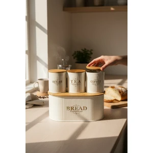Bambu Kapaklı Metal Ekmeklik ve Kavanoz Seti