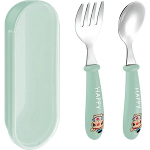 Yeşil Renk Kedi Model Premium Çocuk Bpa'sız Silikon Saplı Paslanmaz Çelik Uçlu Çatal-Kaşık, (9+ Ay