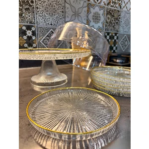 Berina Home Altın Yaldızlı Ayaklı Kek Kurabiye Pasta Sunum Standı ve 6 Parça Pasta Tabağı Seti Sunum ve Servis Seti