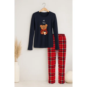 Koza İç Giyim Kadın Yumuşak Dokulu Ayıcık Baskılı Ekose Desenli Pijama Takımı