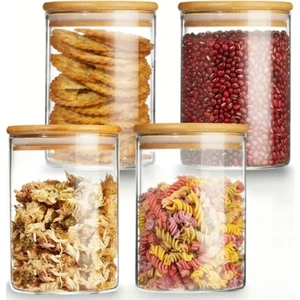 Özgün Ev 1000 cc (4'lü Set) Borosilkat Cam Baharatlık - Bambu Kapaklı - Saklama Kabı - (9cm x 14 Cm)