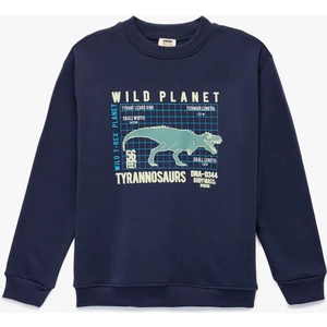 Dinozor Baskılı Şardonlu Uzun Kollu Bisiklet Yaka Sweatshirt