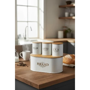 Bambu Kapaklı Metal Ekmeklik ve Kavanoz Seti