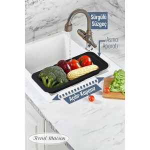 Trend Maison Sürgülü Ayarlanabilir Pratik Lavabo Süzgeci, Uzun Kısa Ayarlı Evye, Meyve Sebze Salata Yıkama Siyah