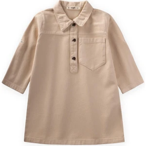 Boyalı Gabardin Elbise 2-7 Yaş Bej