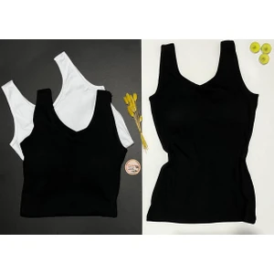 Kadın Atlet Sütyenli V Yaka Modal 3 Adet Siyah Renk Pedli Atlet-Bluz-T-Shirt (Kota)