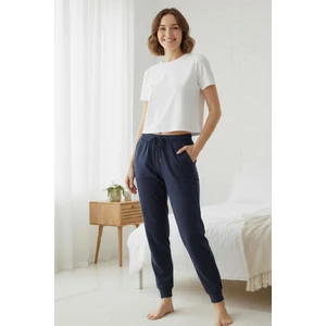 %100 Pamuk Süprem Kadın Pijama Altı Cepli Rahat Kalıp Manşet Paça Lastikli Ipli Terletmez Esnek Lacivert