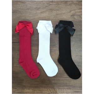 Kız Çocuk 3 Çift Aksesuarlı Fiyonklu Pamuklu Diz Altı Çorap