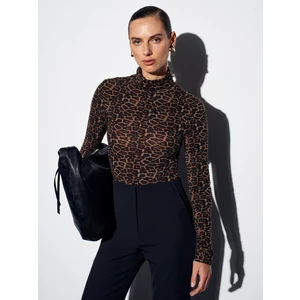 32321 Leopar Desen Balıkçı Yaka Top-Kahve