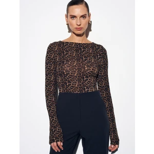 32206 Leopar Desen Kayık Yaka Top-Kahve